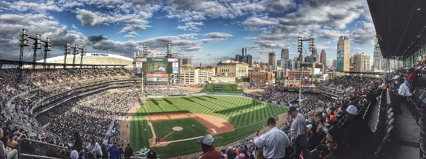 Aerial view of a baseball stadium filled with fans